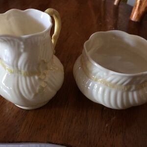 Belleek yellow ribbon sugar & creamer